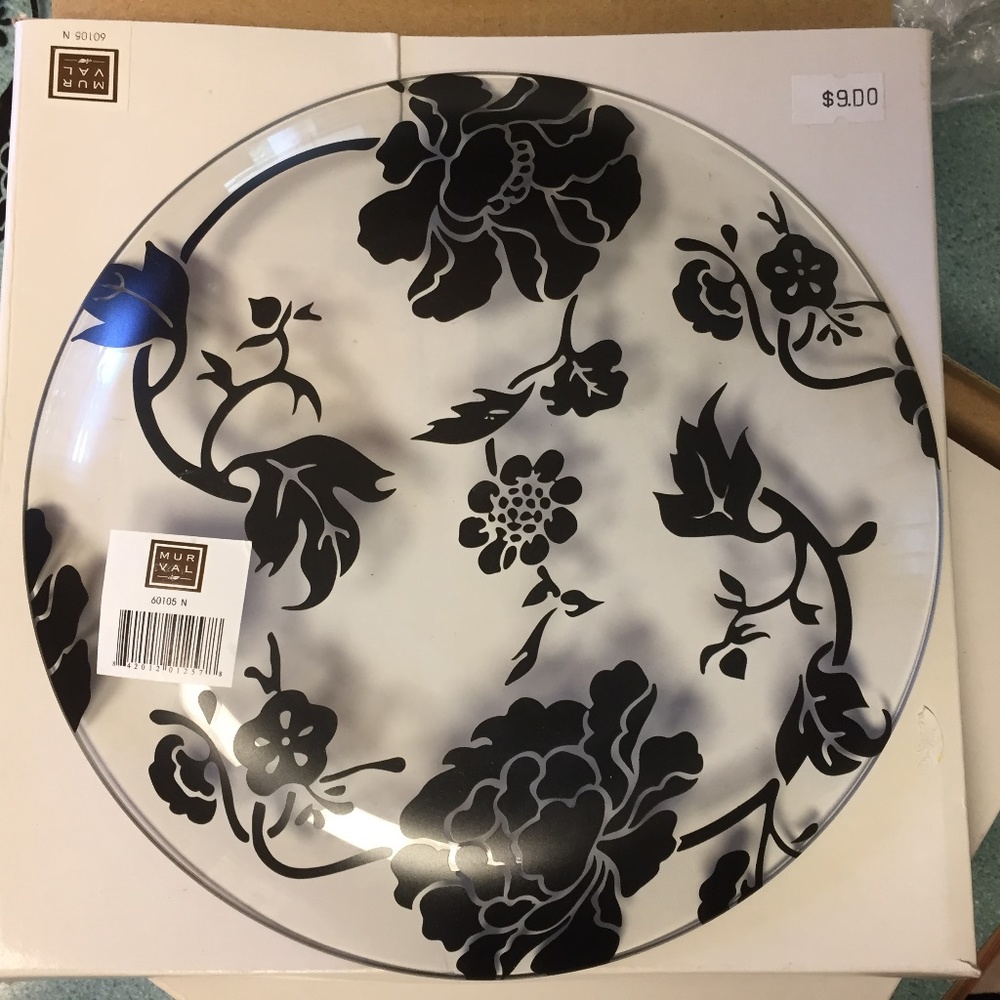 VINTAGE $18 ea. MURVAL 8 HAND PAINTED BLACK FLORAL CLEAR GLASS 8” PLATES